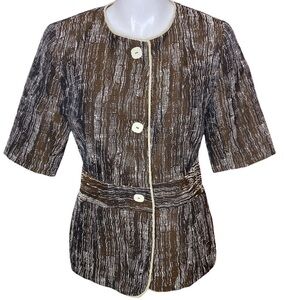 Yansi Fugel Jacket Kava Multi Brown Raffia Jacquard Inset Waist Short Sleeve  4